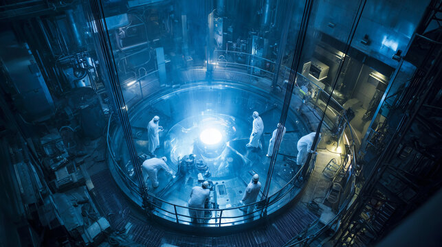 Mysterious Nuclear Power Plant: Scientists in protective gear conduct research in a nuclear reactor facility, surrounded by an atmosphere of advanced technology and scientific inquiry.