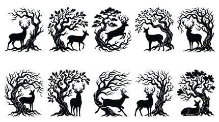 Fototapeta premium Stylized Forest Wildlife Deer and Tree Black Silhouette Vector Art Collection
