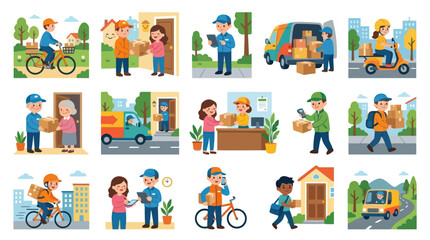 Fototapeta premium Flat Design Delivery Service Characters with Packages and Vehicles