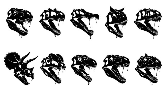 Stylized Black and White Dinosaur Skulls Vector Set for Paleontology and Prehistoric Designs