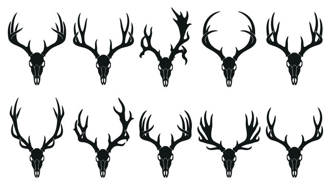 Black  White Deer Skull Antler Vector Icons Set