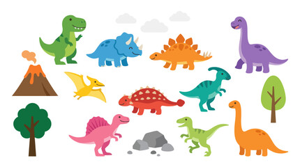Naklejka premium Cute Cartoon Dinosaurs Vector Set - Children's Illustration Art