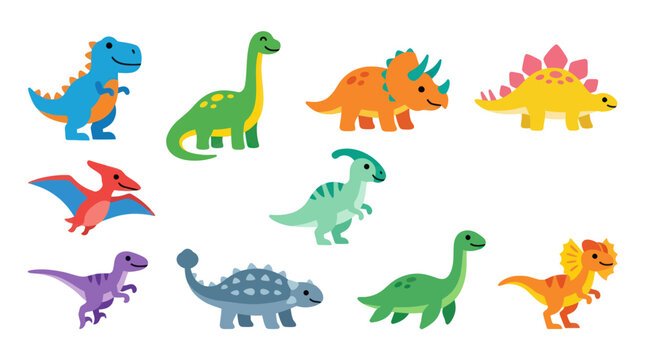 Cute Cartoon Dinosaurs Set - Flat Vector Illustration for Kids