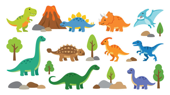 Cute Dinosaur Set, Childrens Illustration, Vector Art
