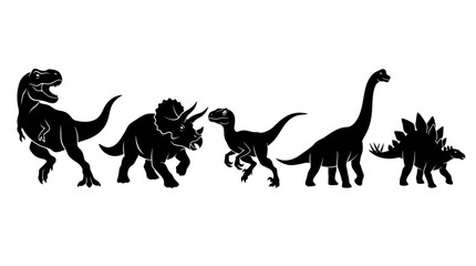 Fototapeta premium Dinosaur Silhouettes: T-Rex, Triceratops, Raptor, Brontosaurus, Stegosaurus - Vector Art