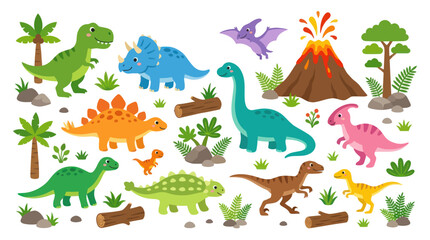 Fototapeta premium Cute Cartoon Dinosaurs and Volcano - Children's Flat Illustration