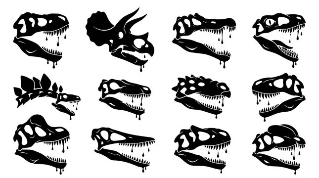 Prehistoric Dinosaur Skull Skeletons Black and White Vector Art Set with Dripping Effect