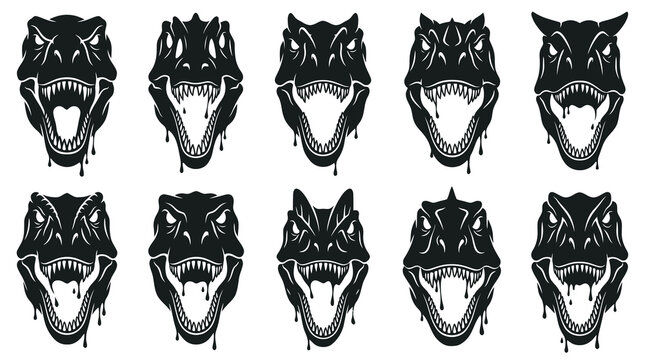 Stylized T-Rex Dinosaur Head Logos with Dripping Blood Effect - Black  White Prehistoric Vector Set