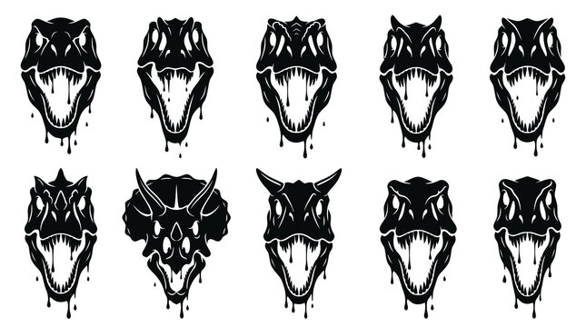Black  White Dripping Dinosaur Skulls Vector Icon Set - T-Rex, Triceratops, Raptor Heads