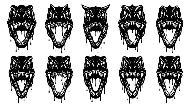 Monochrome Roaring Dinosaur Heads Graphic Illustration Set - Aggressive Prehistoric Design
