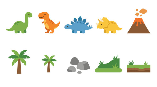 Cute Cartoon Dinosaurs and Volcano Icons, Flat Vector Design