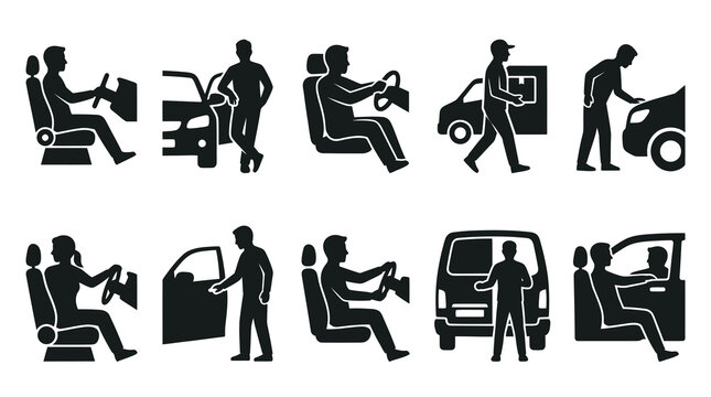 Automotive Driving  Car Activities Black  White Glyph Icons Set