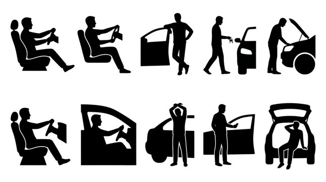 Automotive Car and Driver Silhouette Icons Set for Vehicle Activities and Maintenance