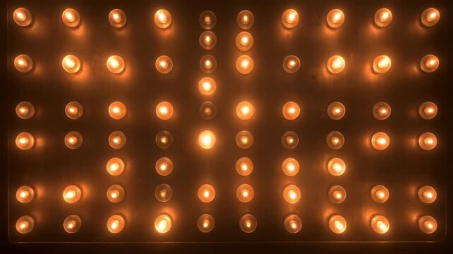 Colorful loop led back wall light bulbs. Glowing lamp background animation. Golden motion background for music video or stage event entertainment or concert. Copy space for text or logo