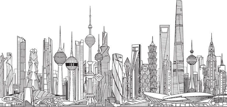 Futuristic cityscape sketch a detailed black and white illustration of a densely populated urban environment