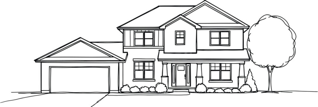 Sketch of a two story suburban house with garage a detailed architectural rendering