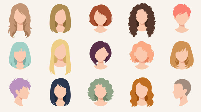 Flat Design Diverse Hairstyles Vector Illustration for Beauty, Fashion  People Concepts