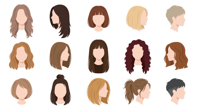 Diverse Hairstyle Collection, Woman Hair Icons, Flat Design