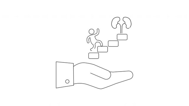 Hand holding stairs with person climbing towards kidney symbol representing healthcare progress.