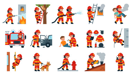 Fototapeta premium Firefighters fighting fire, rescuing people, with truck, dog, and equipment