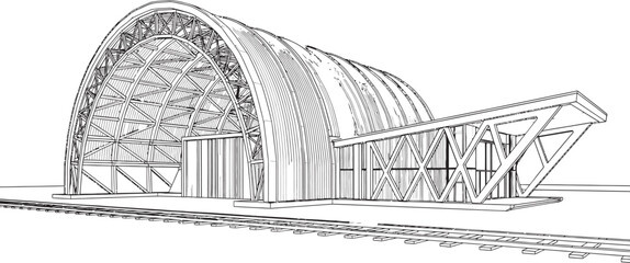 Detailed black and white sketch of a rustic barn with a thatched roof and attached lean to structure © freelancemoment
