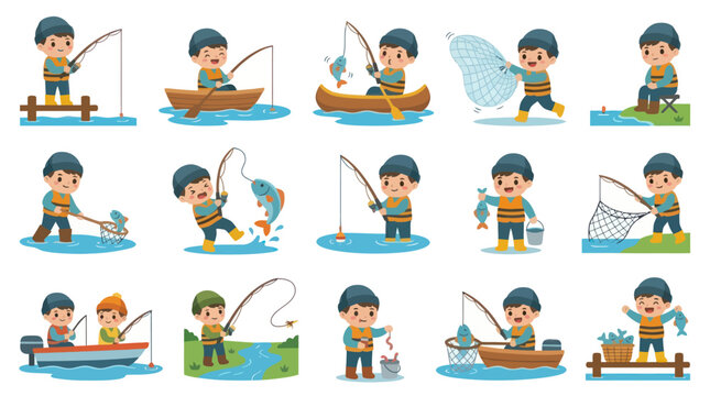 Cute cartoon children fishing on boat and river, vector set