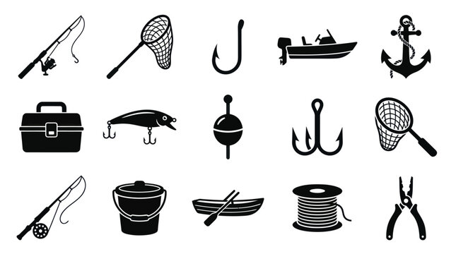 Fishing Equipment Black and White Glyph Icons Set - Tackle, Rods, Boats, Hooks and Tools