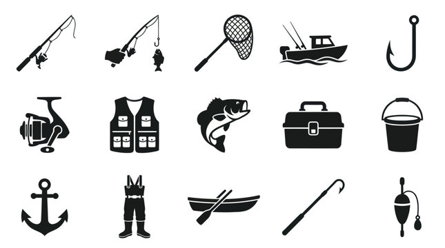 Fishing Industry Gear and Tools Black  White Glyph Icon Set