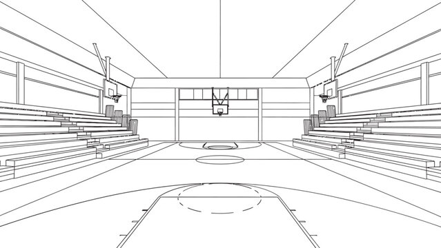 Sketch of a bowling alley a perspective view down the lane towards the pins and seating areas