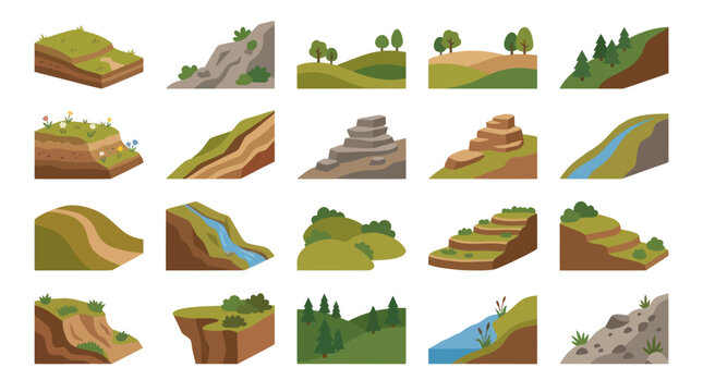 Geography Nature Landforms Flat Vector Illustration Set of Hills, Mountains, Cliffs