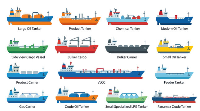 Maritime Shipping Tanker and Cargo Ship Flat Vector Illustration Set