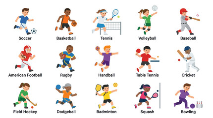 Fototapeta premium Flat Style Sports Illustrations for Kids: Soccer, Basketball, Tennis, Baseball, Badminton, Bowling, etc.