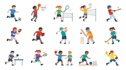 Fototapeta premium Flat Cartoon Kids Playing Sports Activities Set - Diverse Children Enjoying Different Games