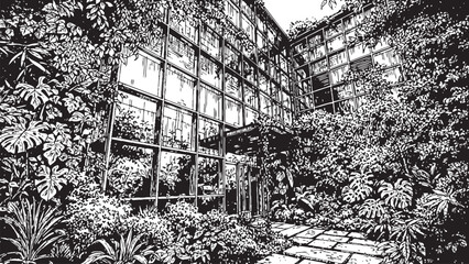 Dramatic black and white image of a building facade overtaken by lush creeping vegetation creating a striking contrast © freelancemoment