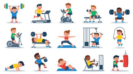Fototapeta premium Children exercising, healthy lifestyle, fitness activities, vector illustrations