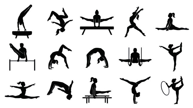 Gymnastics Sport Athletes Silhouettes Vector Set: Various Poses and Equipment Icons