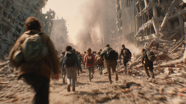 Survival in Ruins: A crowd of people flee from a destroyed city, their faces etched with desperation as they navigate the rubble.