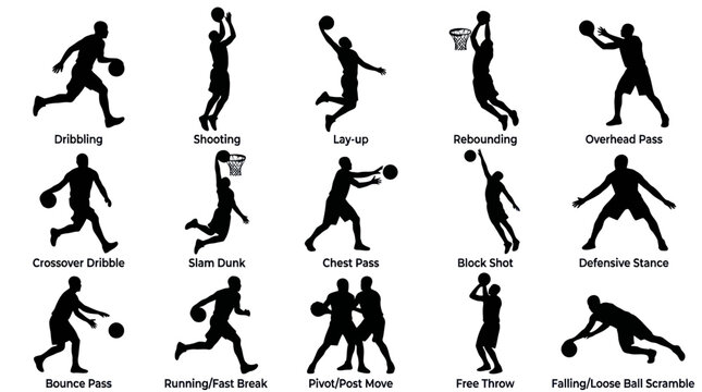 Basketball Players Silhouettes Vector Set - Sports Actions  Poses Glyphs