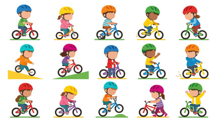 Fototapeta premium Diverse Flat Style Cartoon Children Riding Bicycles with Helmets for Kids Safety