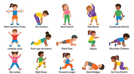 Fototapeta premium Children Doing Exercises: Flat Vector Illustration for Kids Fitness