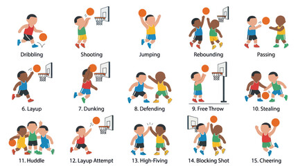 Fototapeta premium Kids Playing Basketball Actions Icons: Dribbling, Shooting, Layup, Cheering