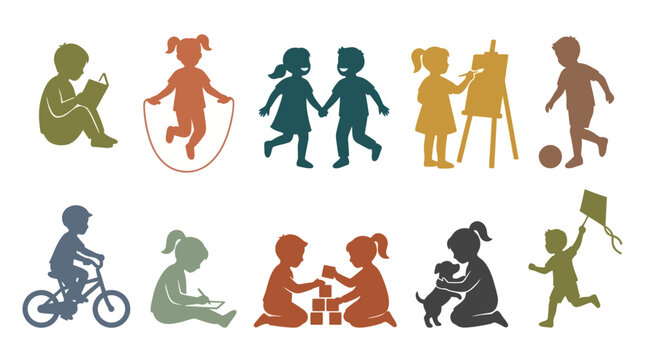 Kids playing icons: children activities, sports, and art, vector silhouettes