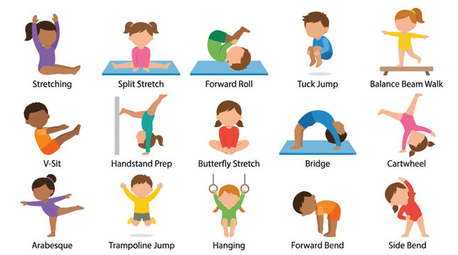 Gymnastics Exercise Illustrations for Kids: Flat Style Vector Art