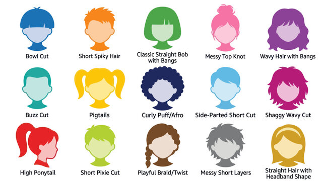 Kids Hairstyles Chart: Diverse Cartoon Styles for Childrens Hair