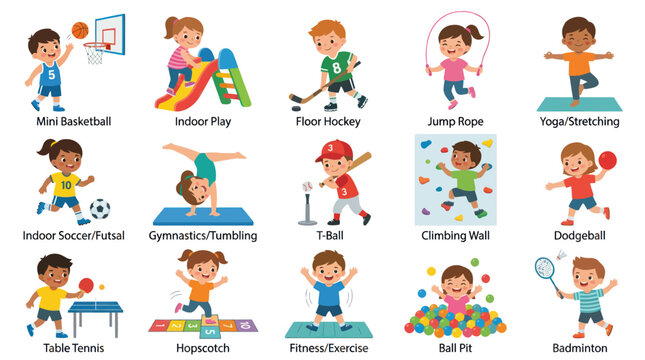 Children Sports and Physical Activities Flat Vector Illustration Set