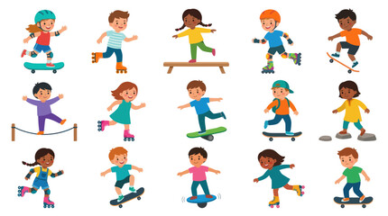 Fototapeta premium Active Kids Playing Sports Games Flat Vector Illustration. Children Skateboarding, Roller Skating, Balance.
