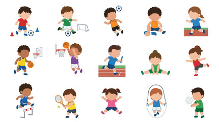 Fototapeta premium Kids Sports Activities Vector Set - Flat Design Children Exercising