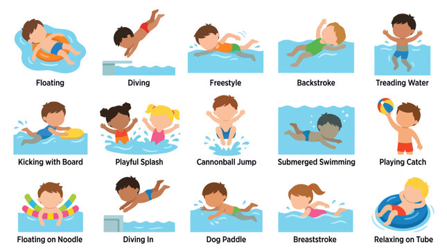 Flat Style Kids Swimming Activities Collection, Water Fun Icons