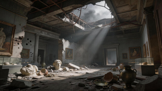 Devastation in Gallery: A stark depiction of destruction in a gallery, sunlight streams through a collapsed roof onto scattered artwork, evoking a sense of loss and ruin.