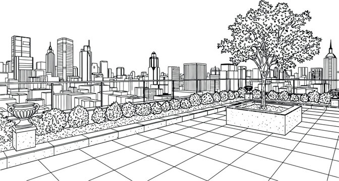 Sketch of a bustling cityscape with a foreground of a tiled terrace and a prominent tree